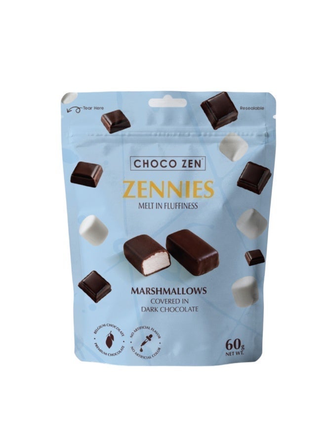 Choco Zen Zennies Melt in Fluffiness Dark Chocolate Marshmallows (60g) |Soft & Fluffy Marshmallows Covered in Premium Belgian 🇧🇪 | No Artificial Flavor or Color| Irresistible Crunchy & Creamy Snack - Image 1