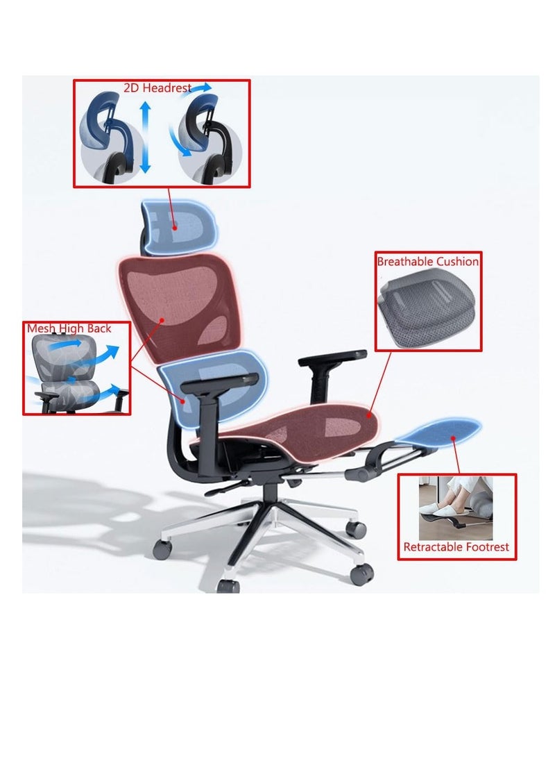 CityRiya-Long - Computer Chair with Adjustable Lockable Backrest for Home Office, Retractable Footrest Ergonomic Chair, Height Headrest Adjustable Desk Chair,Mesh High Back,Adaptive Lumbar Support,Liftable Armrests - Image 1