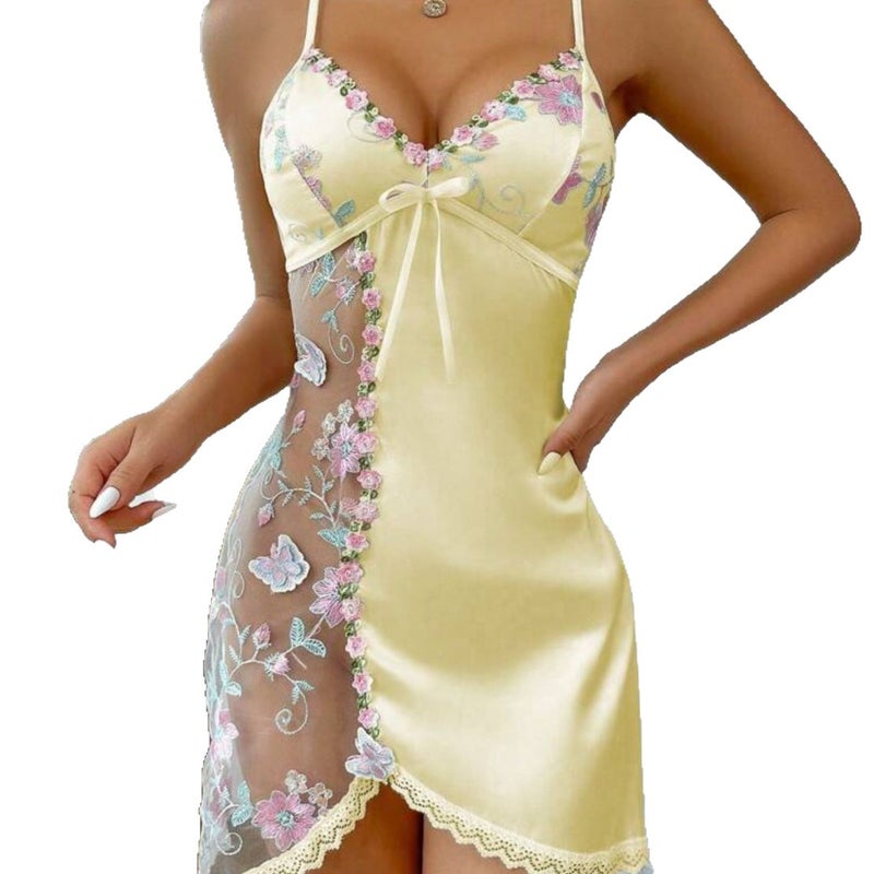 WU Lemon Yellow Floral Embroidered Mesh Nightdress, Elegant Lace Trim Satin Slip Sleepwear for Women - Image 4