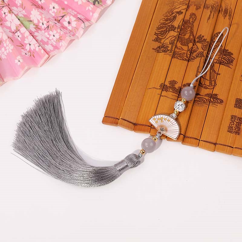 Generic Diamond Ball white fan tassel tassel Palace style cheongsam hanging tassel Han clothing accessories car hanging bag Press placket round beads hanging beard Silver Gray