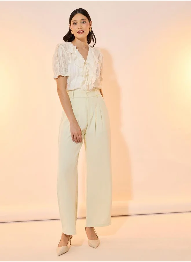 Take Two Solid Mid Rise Pleat Front Detail Relaxed Fit Pants