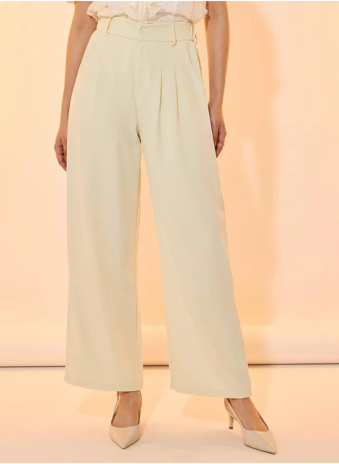 Take Two Solid Mid Rise Pleat Front Detail Relaxed Fit Pants
