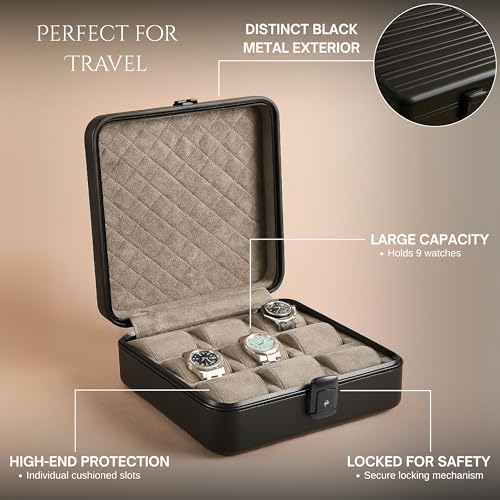 Bey-Berk Prague Aluminum Watch Case in Matte Black – 9-Slot Locking Travel Box with Soft Interior for Watch Storage - Image 3