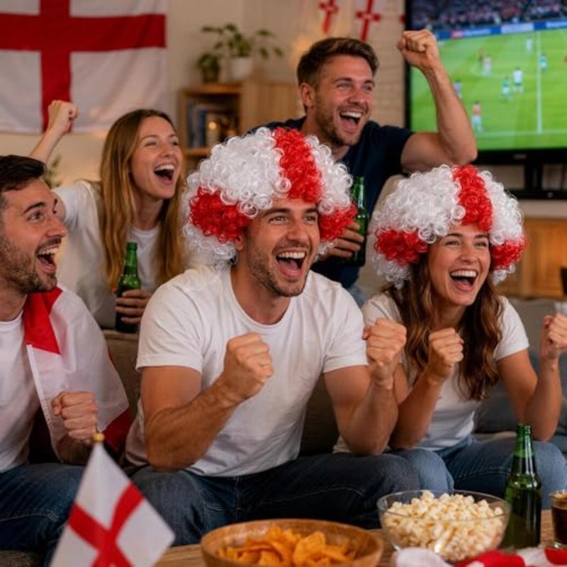 NOONEngland Flag زي الباروكات الإنجليزية حفلة مضحك شعر مستعار مجعد، شعر مستعار قصير تأثيري مهرج لعشاق الرياضة، 2026 مروحة كرة القدم Gear444 - Image 4