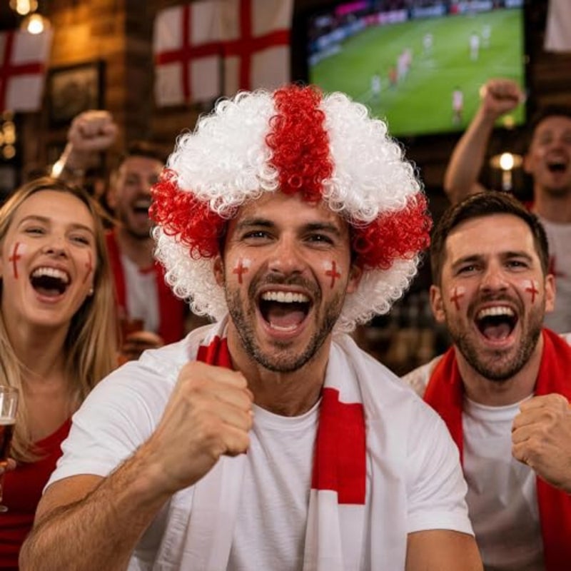 NOONEngland Flag زي الباروكات الإنجليزية حفلة مضحك شعر مستعار مجعد، شعر مستعار قصير تأثيري مهرج لعشاق الرياضة، 2026 مروحة كرة القدم Gear444 - Image 3