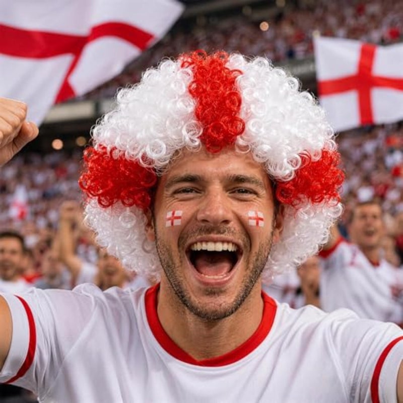 NOONEngland Flag زي الباروكات الإنجليزية حفلة مضحك شعر مستعار مجعد، شعر مستعار قصير تأثيري مهرج لعشاق الرياضة، 2026 مروحة كرة القدم Gear444 - Image 1
