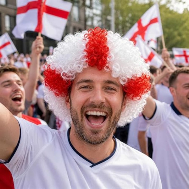 NOONEngland Flag زي الباروكات الإنجليزية حفلة مضحك شعر مستعار مجعد، شعر مستعار قصير تأثيري مهرج لعشاق الرياضة، 2026 مروحة كرة القدم Gear444 - Image 2