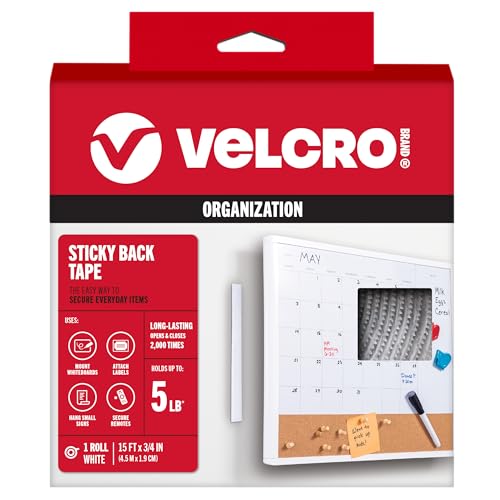 VELCRO Brand - Sticky Back Hook and Loop Fasteners – Peel and Stick Permanent Adhesive Tape Keeps Classrooms, Home, and Offices Organized – Cut-to-Length Roll | 15ft x 3/4in Tape | White - Image 1