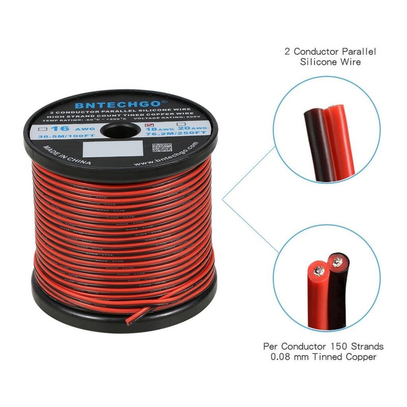 BNTECHGO 18 Gauge Flexible 2 Conductor Parallel Silicone Wire Spool Red Black High Resistant 200 deg C 600V for Single Color LED Strip Extension Cable Cord,Model,250ft Stranded Tinned Copper Wire - Image 2