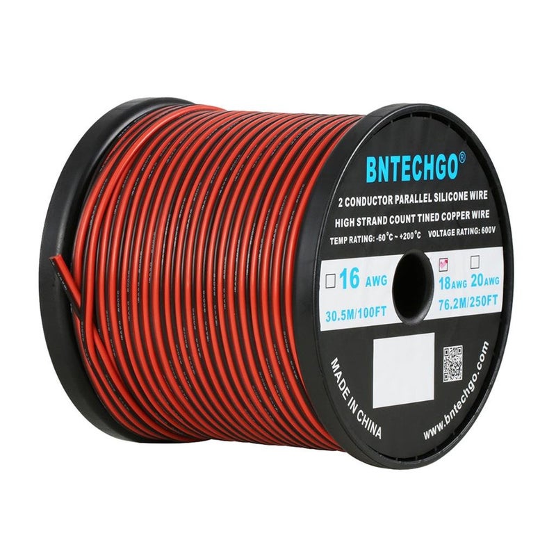 BNTECHGO 18 Gauge Flexible 2 Conductor Parallel Silicone Wire Spool Red Black High Resistant 200 deg C 600V for Single Color LED Strip Extension Cable Cord,Model,250ft Stranded Tinned Copper Wire - Image 1