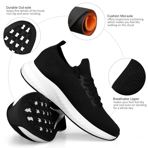 Puweco Mens Non Slip Tennis Shoes Lightweight Running Shoes Breathable Walking Shoes Black White Size 7.5 - Image 3