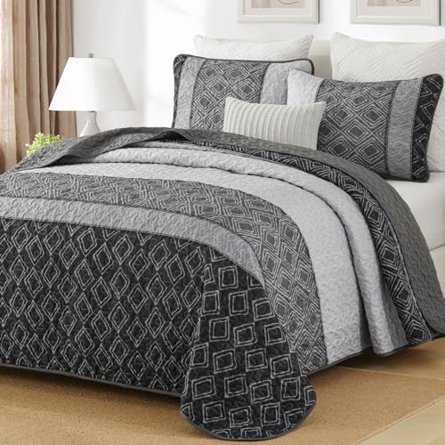 Cottolester Boho Quilt Set Full Size 3 Pieces,Grey Striped Plaid Bedspread,Soft Microfiber Bedding Set with 2 Pillow Shams 78"x90" - Image 1