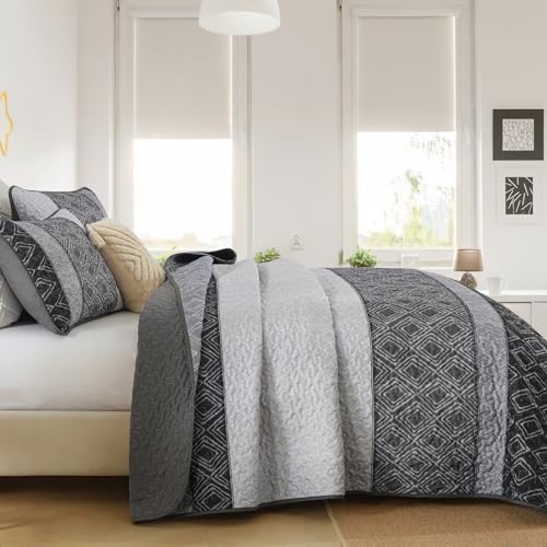 Cottolester Boho Quilt Set Full Size 3 Pieces,Grey Striped Plaid Bedspread,Soft Microfiber Bedding Set with 2 Pillow Shams 78"x90" - Image 4
