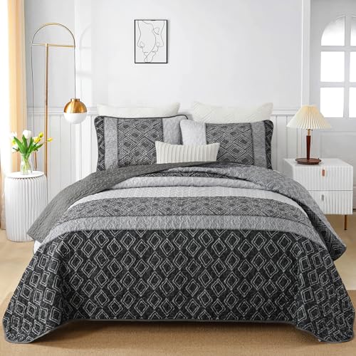 Cottolester Boho Quilt Set Full Size 3 Pieces,Grey Striped Plaid Bedspread,Soft Microfiber Bedding Set with 2 Pillow Shams 78"x90" - Image 2