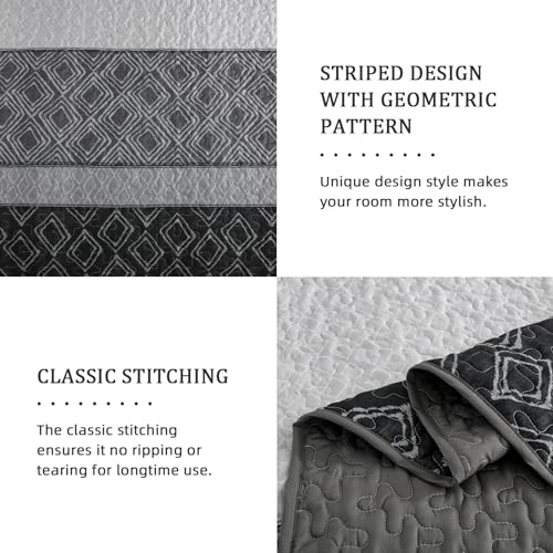 Cottolester Boho Quilt Set Full Size 3 Pieces,Grey Striped Plaid Bedspread,Soft Microfiber Bedding Set with 2 Pillow Shams 78"x90" - Image 5