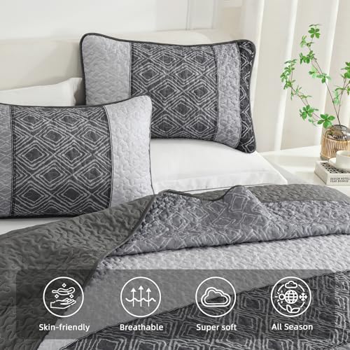 Cottolester Boho Quilt Set Full Size 3 Pieces,Grey Striped Plaid Bedspread,Soft Microfiber Bedding Set with 2 Pillow Shams 78"x90" - Image 3