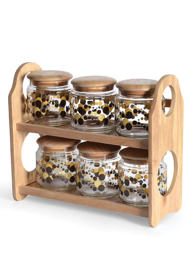 Quality Wood 6-Piece Rubberwood & Glass Spice Jar Set With Air-Tight Seals With Wooden Stand Brown/Clear/Beige. Stand Size: Width 34cm x Depth 14cm x Hight 29.5cm. Glass Size: Diameter 10cm x Hight 10cm. 