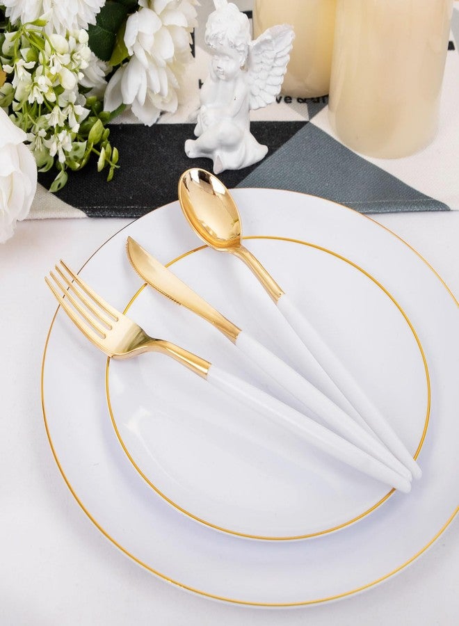 DaYammi 30 Guests Gold Plastic Plates with Disposable Silverware,Gold Cutlery with White Handle,White Golden Disposable Dinnerware:60 Dinner/Dessert Plates,90 Plastic Silverware Set for Wedding Party - Image 2