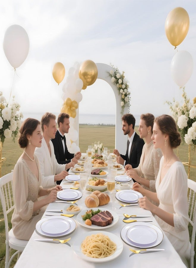 DaYammi 30 Guests Gold Plastic Plates with Disposable Silverware,Gold Cutlery with White Handle,White Golden Disposable Dinnerware:60 Dinner/Dessert Plates,90 Plastic Silverware Set for Wedding Party - Image 3