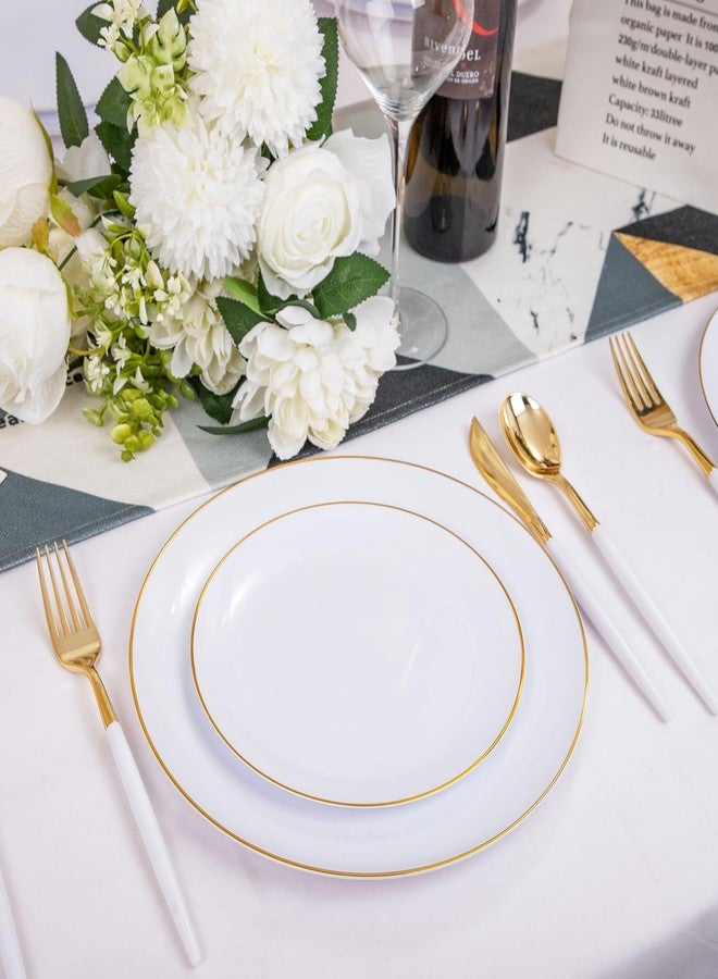 DaYammi 30 Guests Gold Plastic Plates with Disposable Silverware,Gold Cutlery with White Handle,White Golden Disposable Dinnerware:60 Dinner/Dessert Plates,90 Plastic Silverware Set for Wedding Party - Image 5