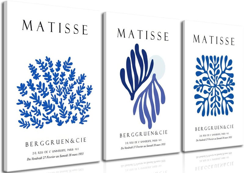 Djmwtb Djmwtb Matisse Canvas Wall Art Abstract Navy Blue Poster Prints Framed Set of 3 Minimalist Flower Aesthetic Pictures Modern Artwork Painting Wall Decor for Living Room Bedroom Bathroom 12""x16""x3 - Image 1