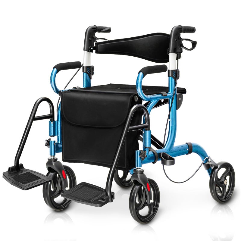 Goplus 2 in 1 Rollator Walker for Seniors Medical Walker with Seat Folding Transport Wheelchair Rollator with 8 Wheels Reversible Backrest Footrests Aluminum Mobility Walking Aid Blue