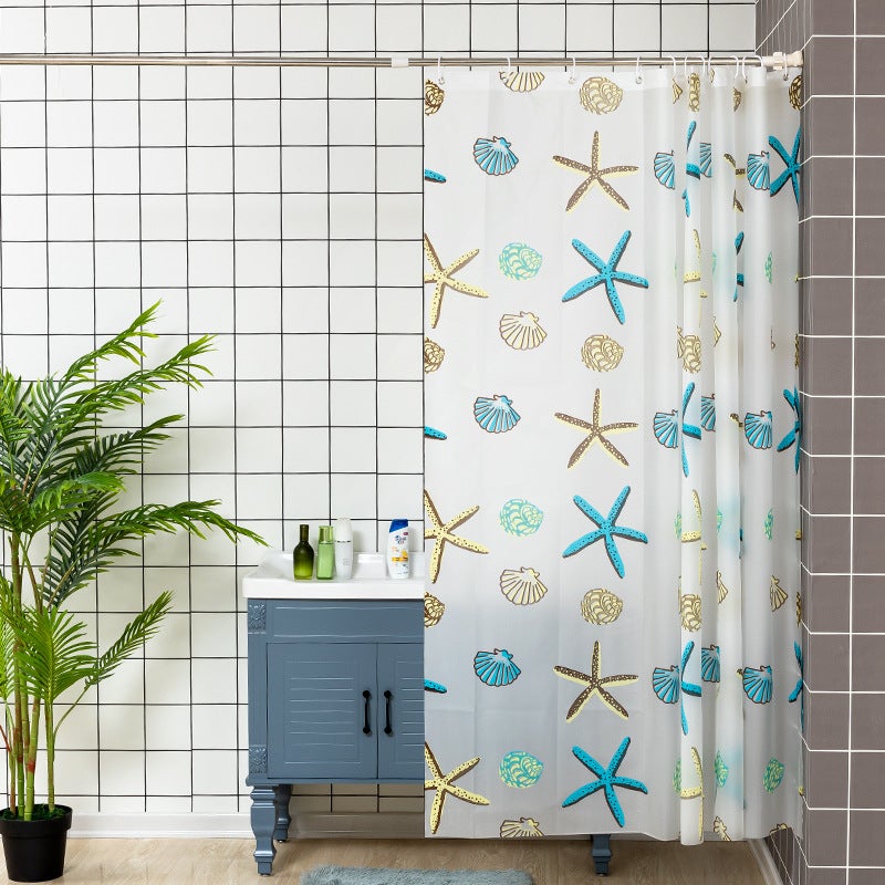 general PEVA Shower Curtain with Starfish Pattern, Waterproof Bathroom Partition with Hooks - Image 3