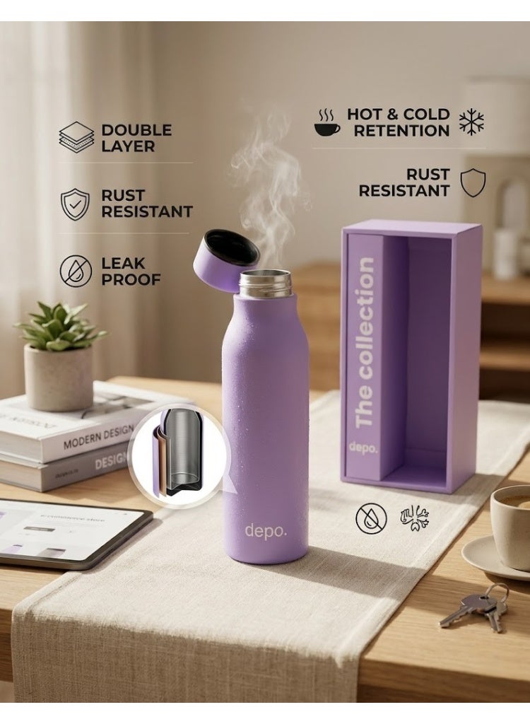 Depo Double-Wall Stainless Steel Vacuum Insulated Water Bottle (500 ml) - Hot & Cold Thermal Flask, Leak-Proof & BPA-Free Portable Water Flask for Travel, Gym, Office & Daily Use - Purple - Image 3