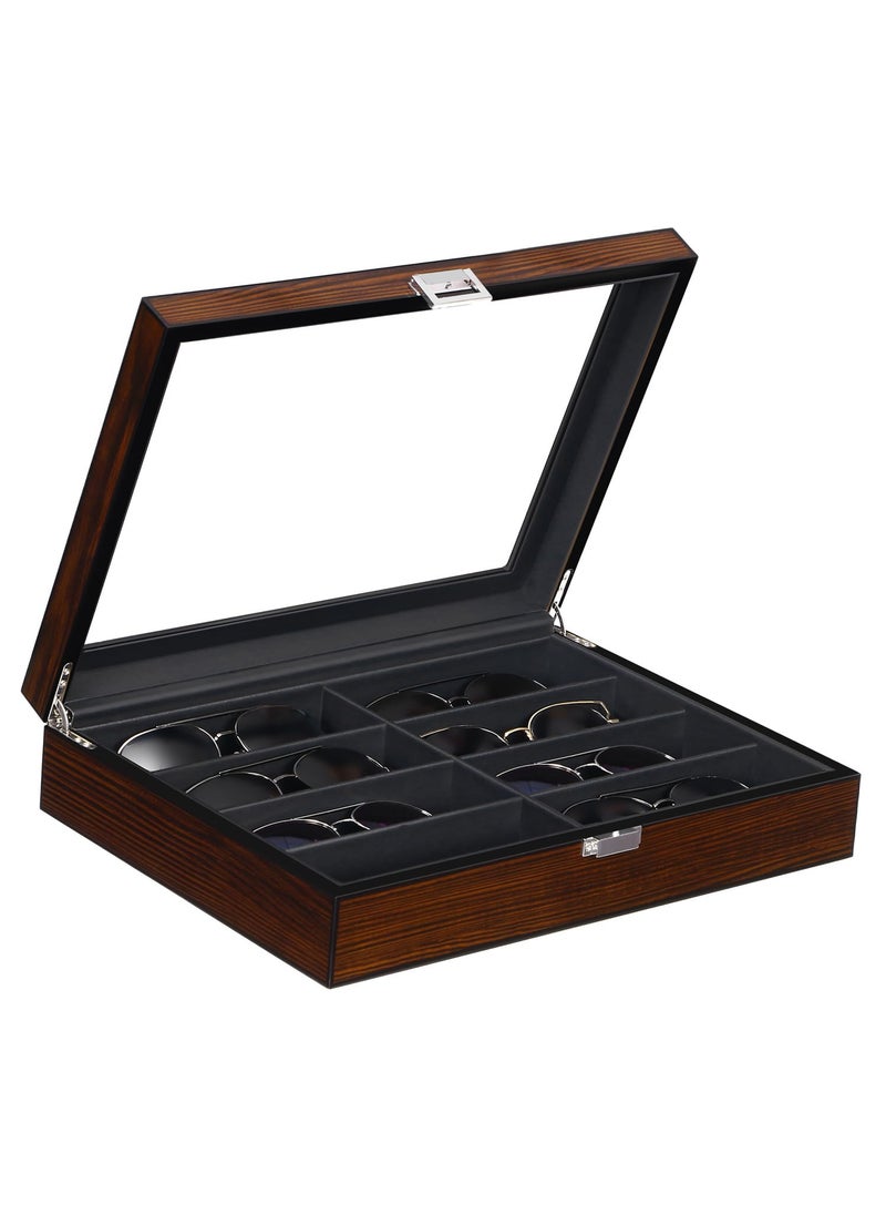 BEWISHOME BEWISHOME Sunglasses Organizer 8 Slot Sunglasses Case for Men Eyeglasses Storage Box with Clear Glass Top Smooth Faux Leather Interior Brown SSH25Y 