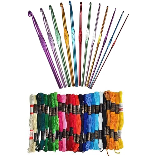 GEMSY Gemsy Crochet Aluminum Hook Pack of 12 and Embroidery Thread 50 pcs Ultimate Sewing Craft Sweater Woolen Cloth Yarn Thread Needles Kit for Knitting Projects DIY - Image 1