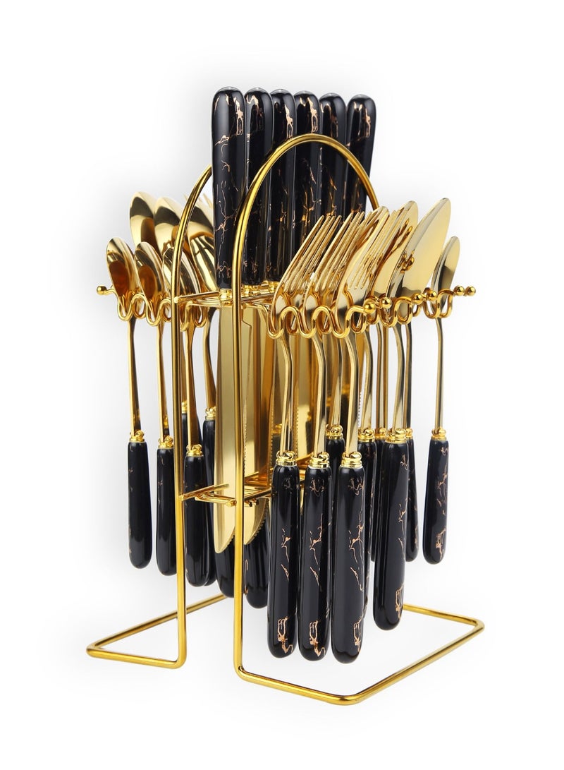 صن هوم طقم شوكة وملعقة وأدوات مائدة من الفولاذ المقاوم للصدأ مكون من 24 قطعة مع حامل أسود 29x4 سم - Image 2