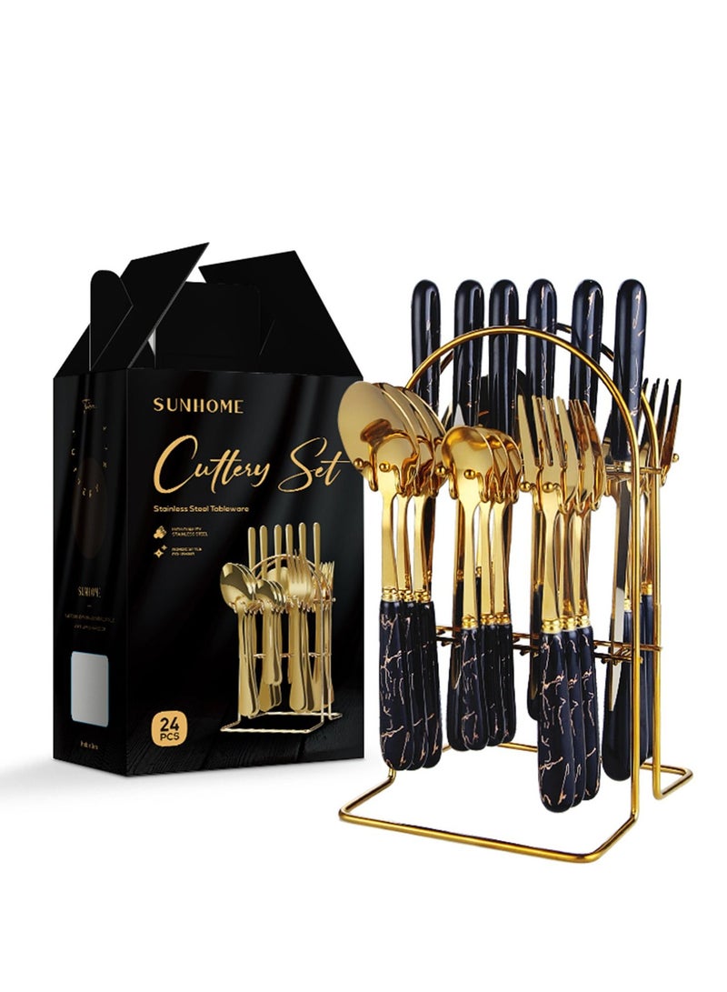 صن هوم طقم شوكة وملعقة وأدوات مائدة من الفولاذ المقاوم للصدأ مكون من 24 قطعة مع حامل أسود 29x4 سم - Image 1