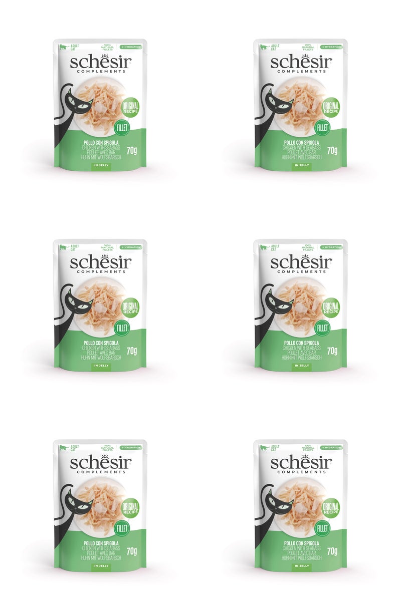 Schesir Complements Cat Wet Food in Jelly Pouch- Chicken With Seabass 70gx6pcs - Image 1