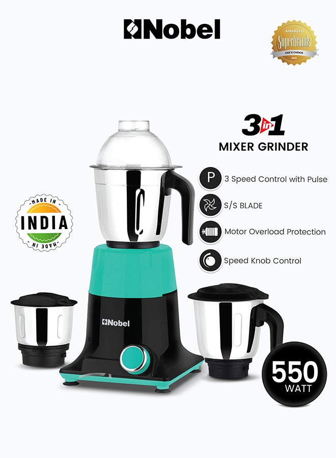 Nobel 3 In 1 Mixer Grinder with Wet Grinding Jar, Dry Grinding Jar, Chutney Jar, 3 Speed Control with Pulse Function, Powerful Motor, Stainless Steel Jars & Blades, Made In India - 550 W NB301SS Black/Green - Image 1
