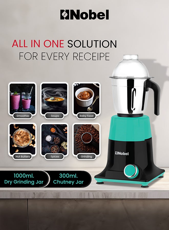 Nobel 3 In 1 Mixer Grinder with Wet Grinding Jar, Dry Grinding Jar, Chutney Jar, 3 Speed Control with Pulse Function, Powerful Motor, Stainless Steel Jars & Blades, Made In India - 550 W NB301SS Black/Green - Image 3
