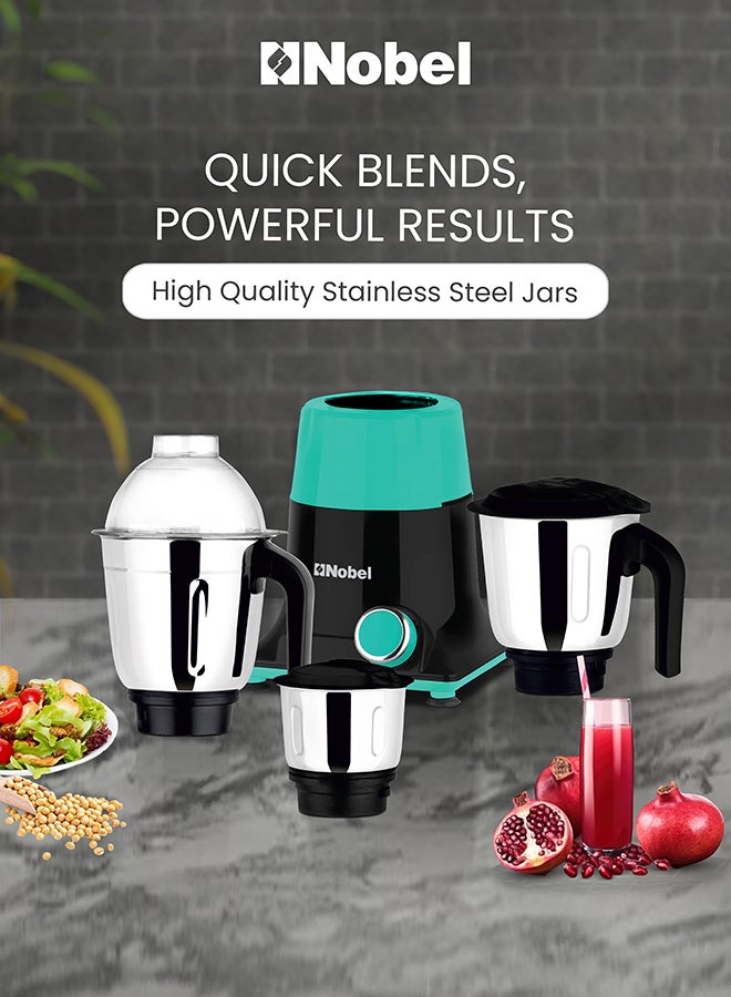 Nobel 3 In 1 Mixer Grinder with Wet Grinding Jar, Dry Grinding Jar, Chutney Jar, 3 Speed Control with Pulse Function, Powerful Motor, Stainless Steel Jars & Blades, Made In India - 550 W NB301SS Black/Green - Image 2