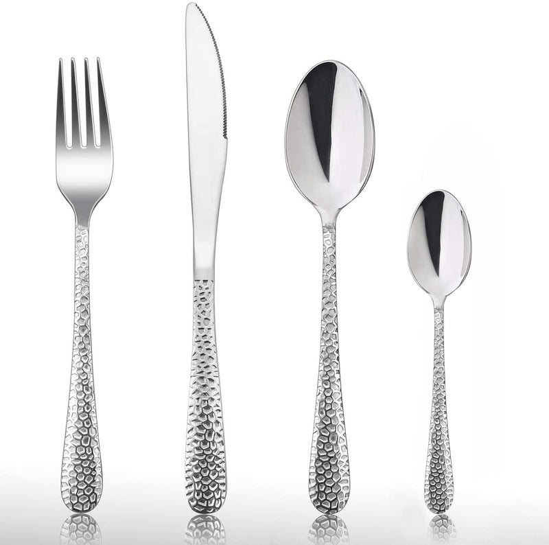 HaWare 24 Piece Cutlery Set Stainless Steel Hammered Flatware Silverware Service for 6 Include Knife Spoon Fork Mirror Polished  Dishwasher Safe