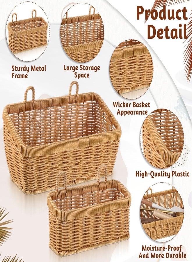 AOZUO 2 Pcs Wall Hanging Baskets for Storage, Woven Hanging Basket with 4 Hooks Boho Style Hangings Storage Basket Plastic Woven Baskets for Home Decor Bathroom Kitchen Decor - Image 3