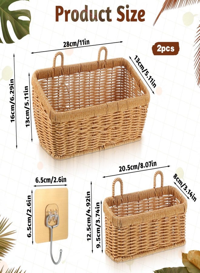 AOZUO 2 Pcs Wall Hanging Baskets for Storage, Woven Hanging Basket with 4 Hooks Boho Style Hangings Storage Basket Plastic Woven Baskets for Home Decor Bathroom Kitchen Decor - Image 2