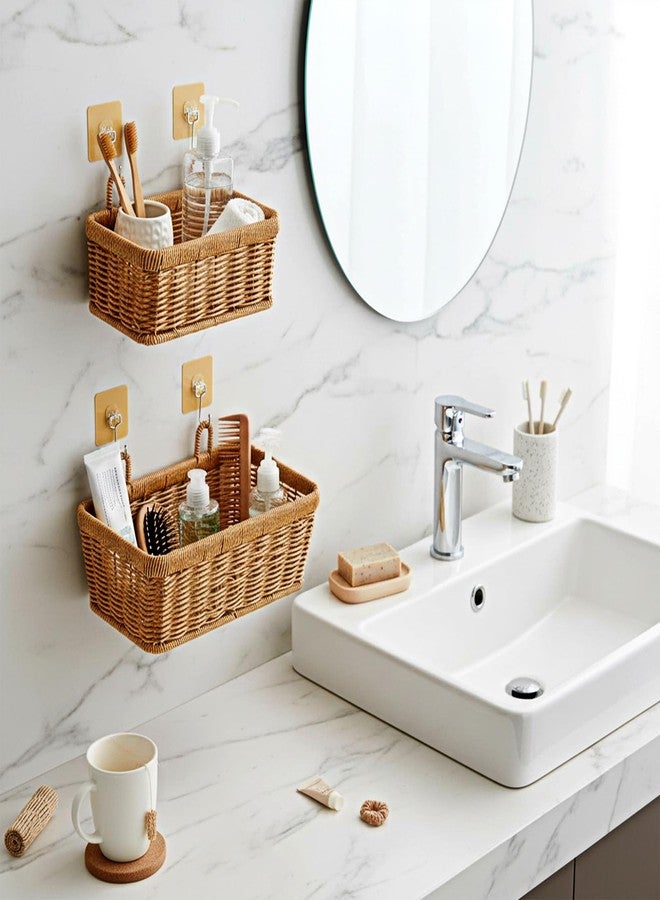 AOZUO 2 Pcs Wall Hanging Baskets for Storage, Woven Hanging Basket with 4 Hooks Boho Style Hangings Storage Basket Plastic Woven Baskets for Home Decor Bathroom Kitchen Decor - Image 5
