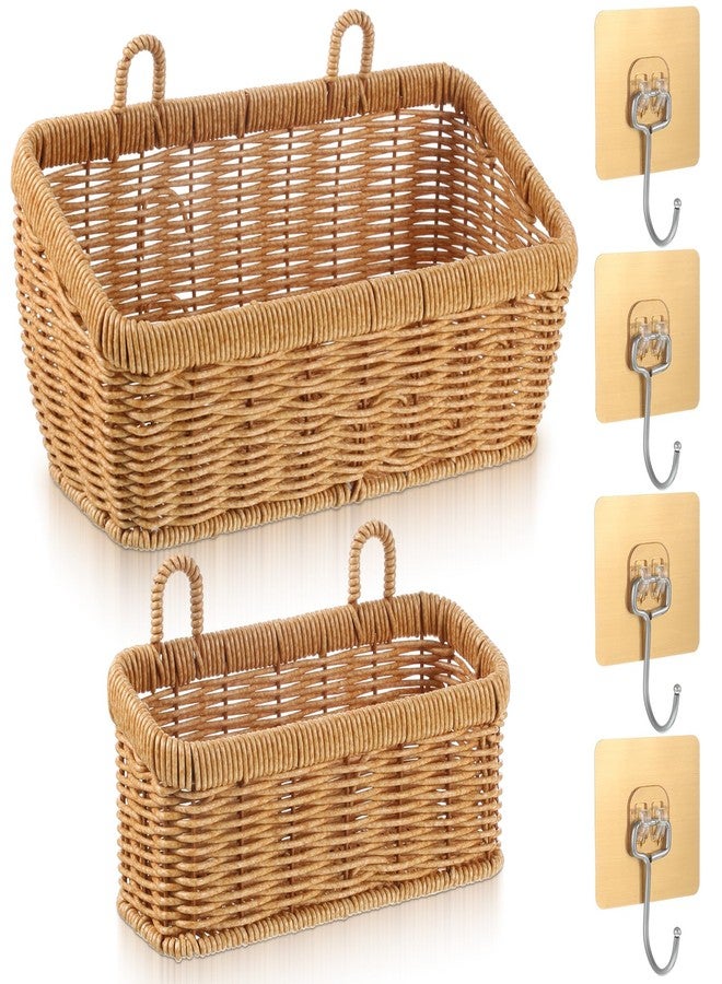 AOZUO 2 Pcs Wall Hanging Baskets for Storage, Woven Hanging Basket with 4 Hooks Boho Style Hangings Storage Basket Plastic Woven Baskets for Home Decor Bathroom Kitchen Decor - Image 1