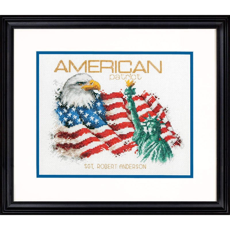 Dimensions 'American Patriot' Counted Cross Stitch Patriotic Personalized Gift for Veterans and Military Kit, 14 Count White Aida Cloth, 10'' x 8'' - Image 1