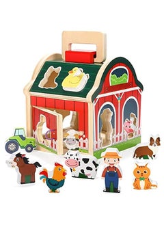 Wooden Farm Animals Shape Sorter Toys, Take-Along Sorting Wooden Barn Toy with Roof and Handle,Montessori Learning Toys for Fine Motor Games for Toddlers 1 2 3 Year Old