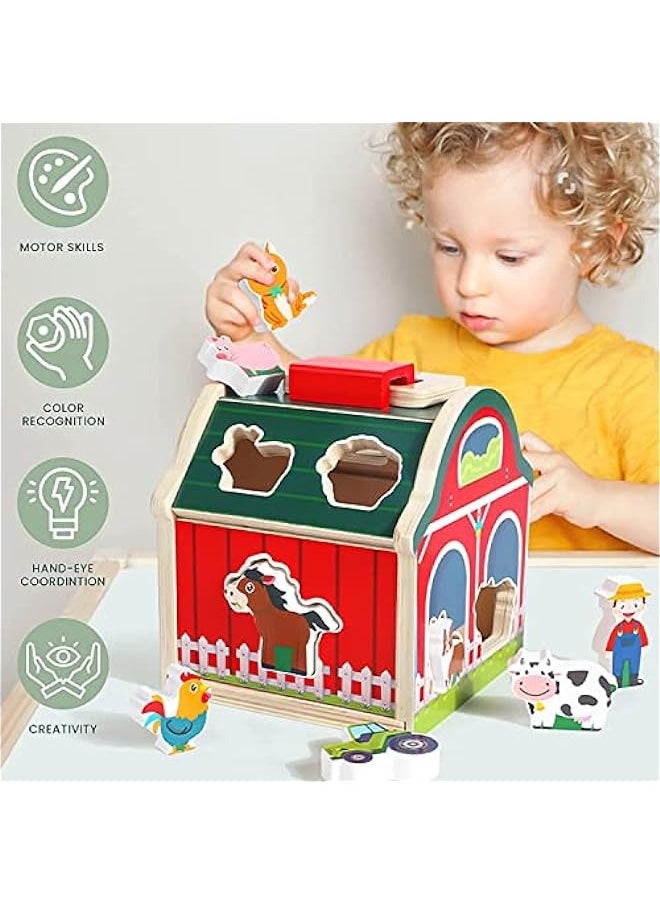 DURKU - Wooden Farm Animals Shape Sorter Toys, Take-Along Sorting Wooden Barn Toy with Roof and Handle,Montessori Learning Toys for Fine Motor Games for Toddlers 1 2 3 Year Old - Image 1