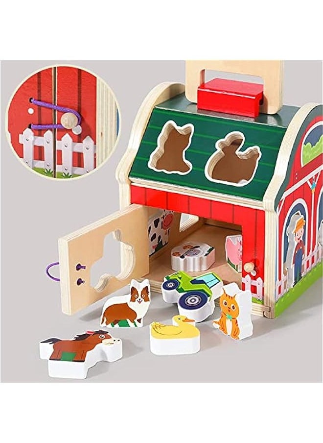 DURKU - Wooden Farm Animals Shape Sorter Toys, Take-Along Sorting Wooden Barn Toy with Roof and Handle,Montessori Learning Toys for Fine Motor Games for Toddlers 1 2 3 Year Old - Image 1