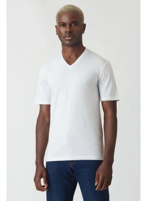 Bisse Men's Silk Finished Basic V-Neck T-Shirt WHITE TS22Y22012_D01