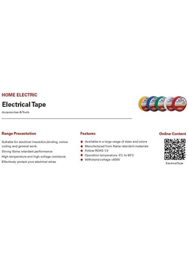 Himel - Insulation Tape, Electric Tape, Assorted Colors, 600V, 80Deg, 10Mtr / Roll (10, Yellow) - Image 1