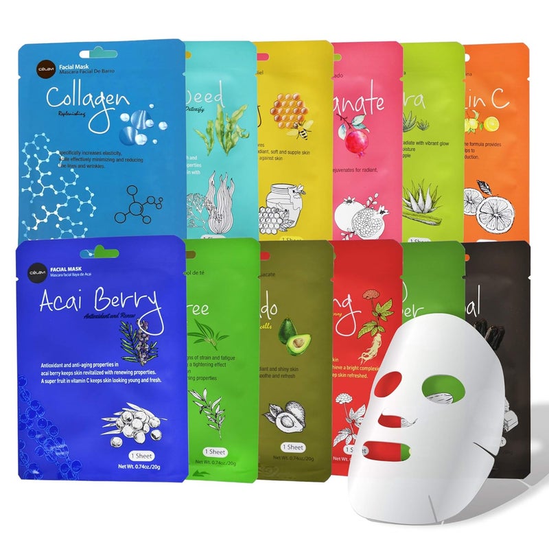 Celavi Essence Facial Sheet Face Mask Variety Set Classic Authentic Korean Moisturizing Skincare 12Packs