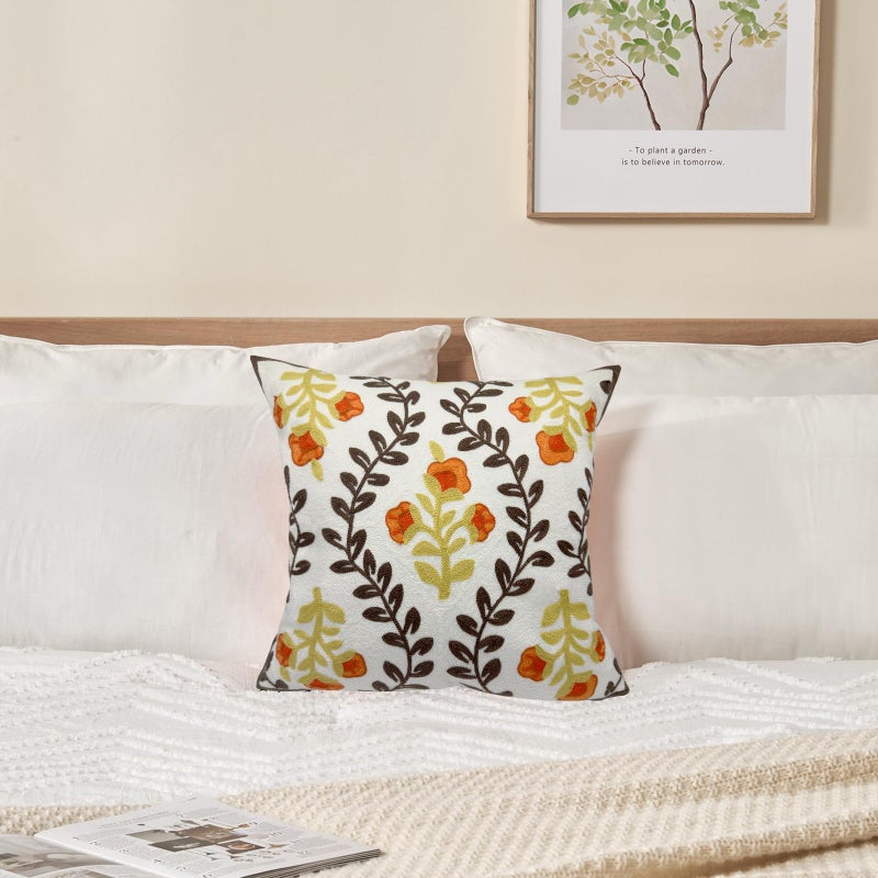 Alysheer Floral Embroidered Fall Decorative Throw Pillow Cover 18"x 18", Farmhouse Cottage Orange Flowers Brown Leaves Knit Pattern Cotton Canvas Cushion Case for Sofa Couch Bed Living Room Decor - Image 3