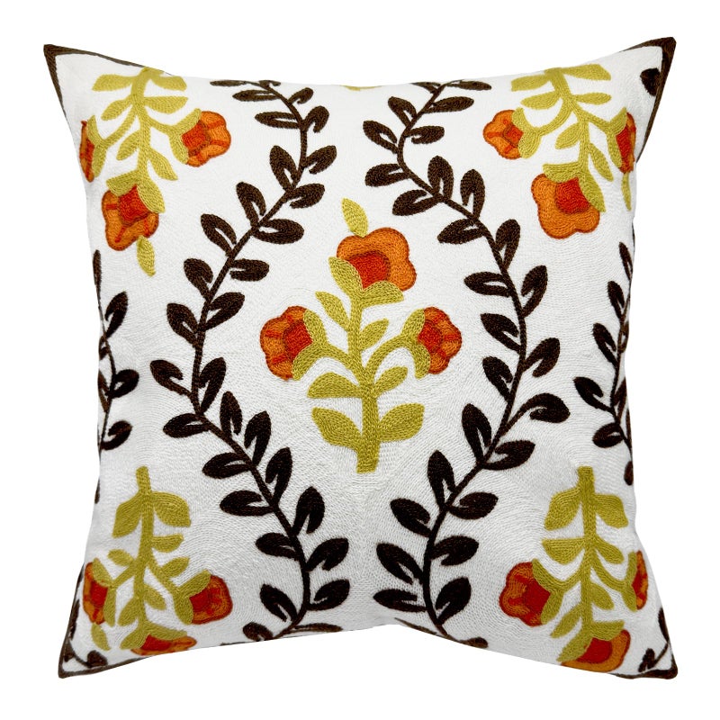 Alysheer Floral Embroidered Fall Decorative Throw Pillow Cover 18"x 18", Farmhouse Cottage Orange Flowers Brown Leaves Knit Pattern Cotton Canvas Cushion Case for Sofa Couch Bed Living Room Decor - Image 1